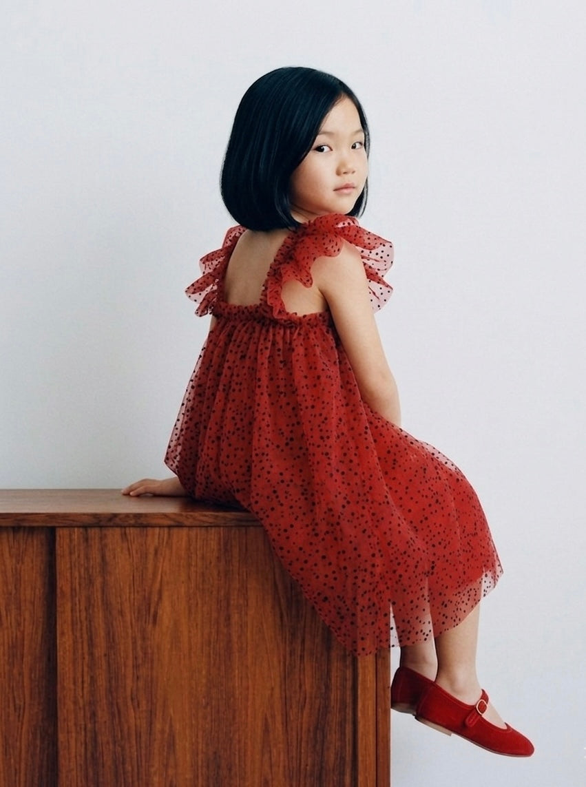 Crimson Tulle Polka Dot Flutter Dress