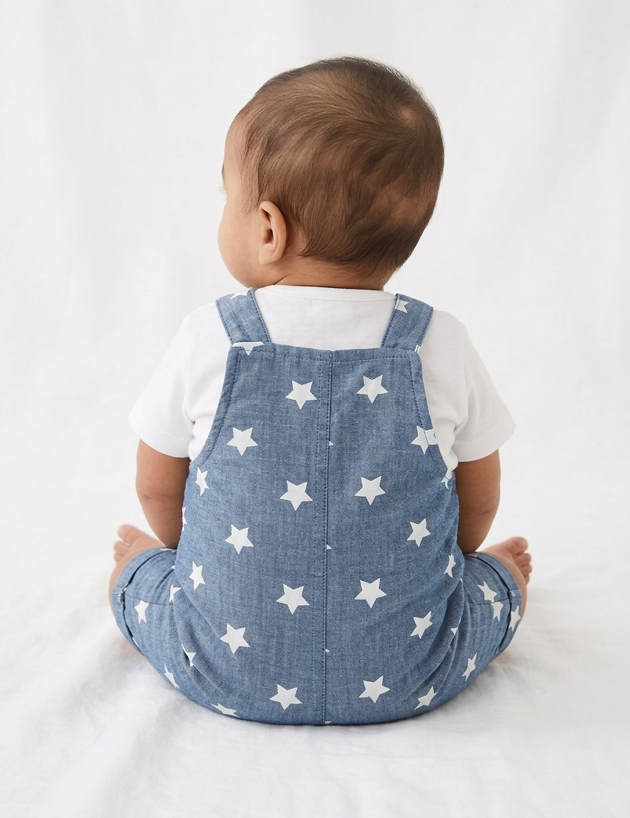 Little Voyager Star-Print Chambray Shortalls Set
