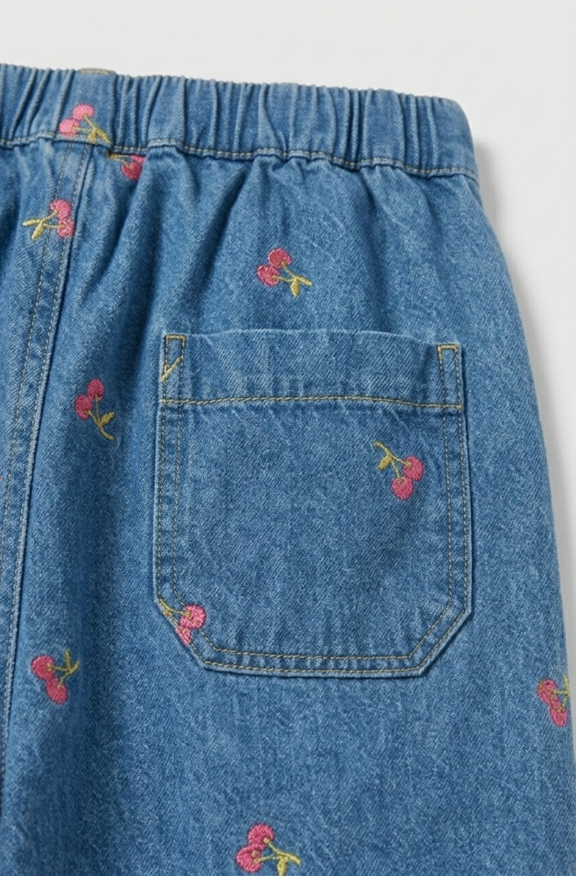 Cherry-Embroidered Pull-On Trousers