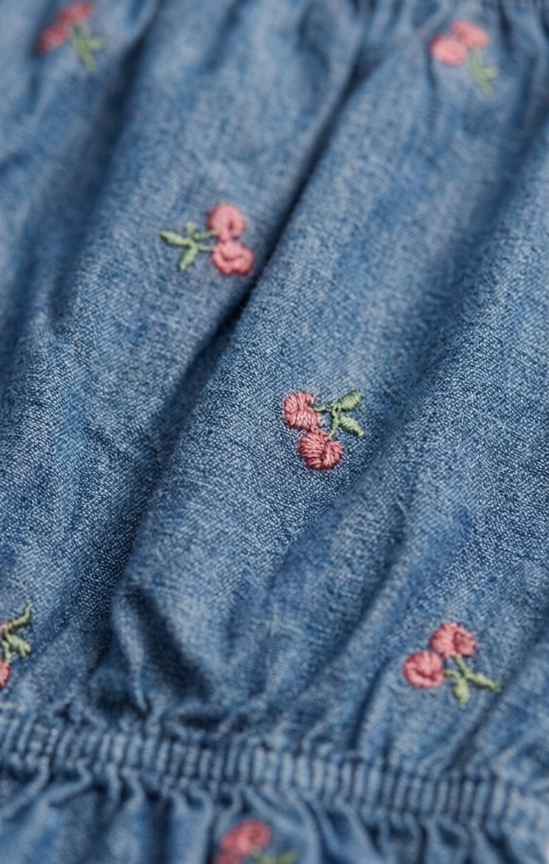 Girls’ Premium Embroidered Denim Peplum Top – Smocked Puff Sleeve
