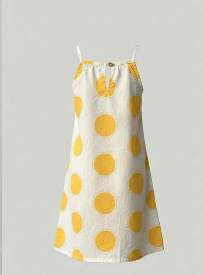 Girls' Premium Golden Sun-Burst A-Line Dress – Luxury Cotton Summer Sundress with Delicate Spaghettii Straps