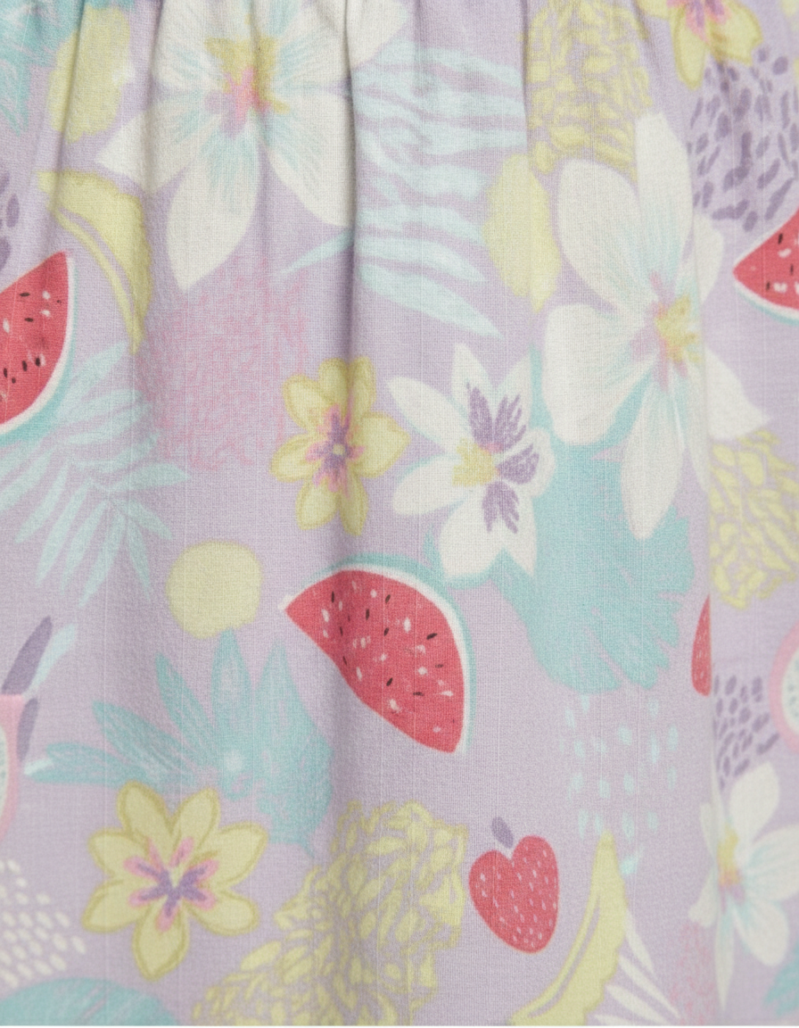 Girls' Premium Lilac Fruit & Floral Tiered Dress – Luxury Cotton Halter Summer Dress with Watermelon and Dragonfruit Motif - Serromi