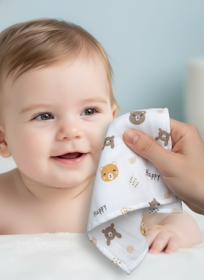 Muslin Cotton Swaddle Washcloth Bundle in Toasted Almond & Petite Bear Print