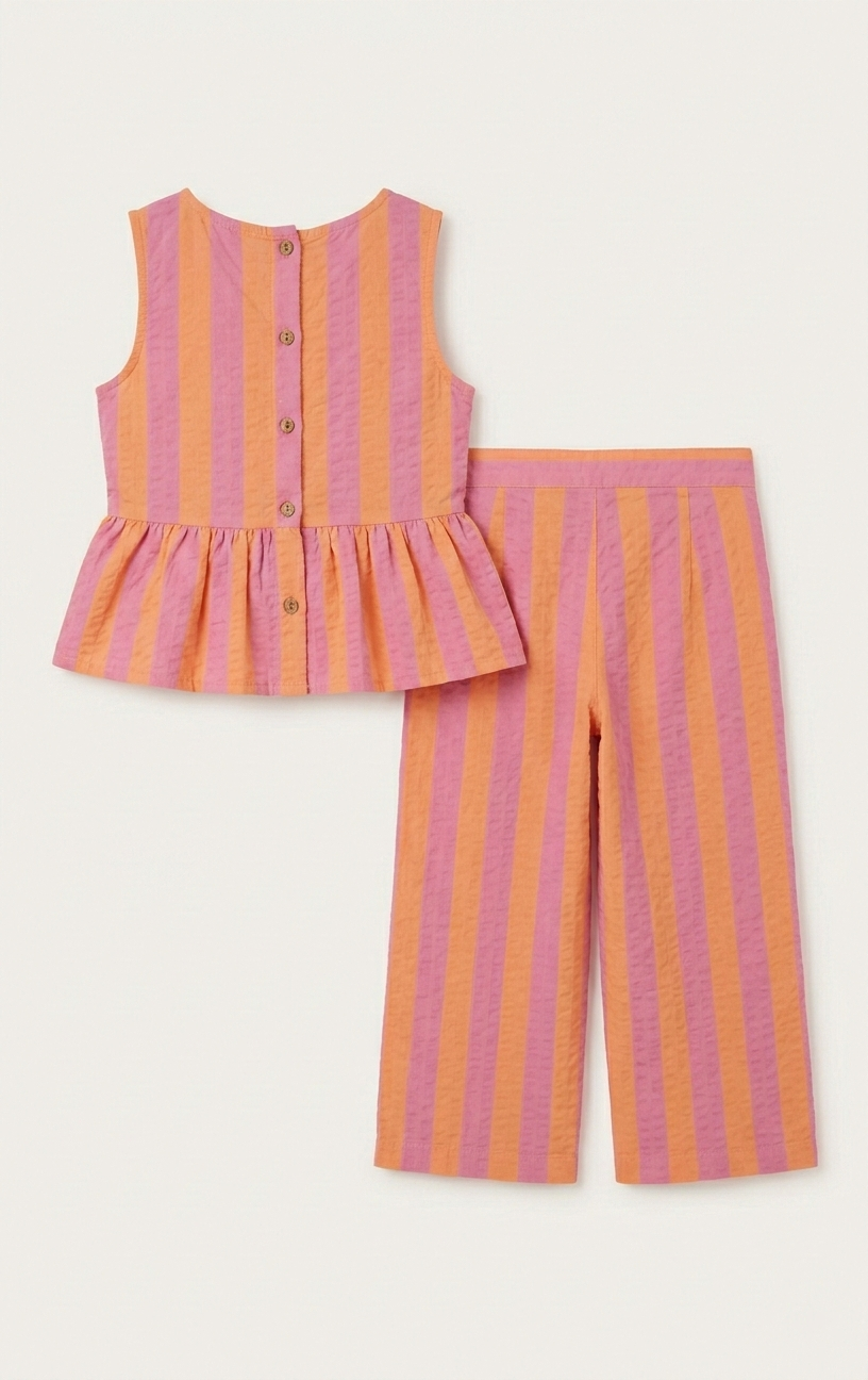 Girls' Sunset Sorbet Striped Seersucker Set – Peplum Cami & Wide-Leg Trouser Co-ord in Pink and Orange - Serromi