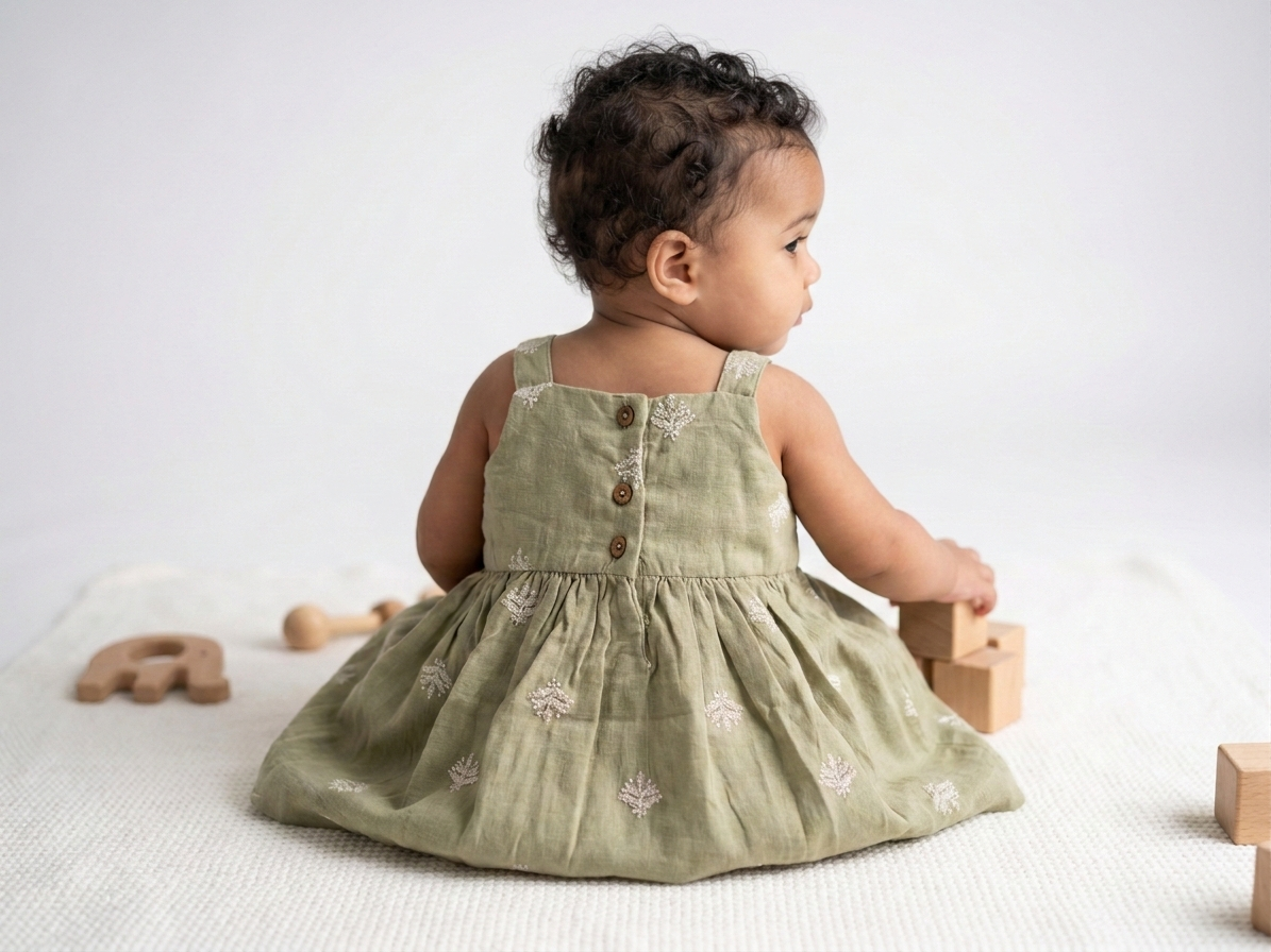 Girls' Premium Sage Moss Embroidered Muslin Dress – Organic Cotton Pinafore & Wide-Brim Sun Hat Set - Serromi