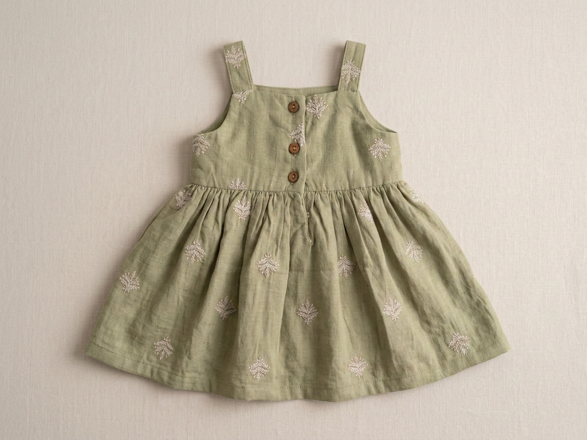 Girls' Premium Sage Moss Embroidered Muslin Dress – Organic Cotton Pinafore & Wide-Brim Sun Hat Set - Serromi