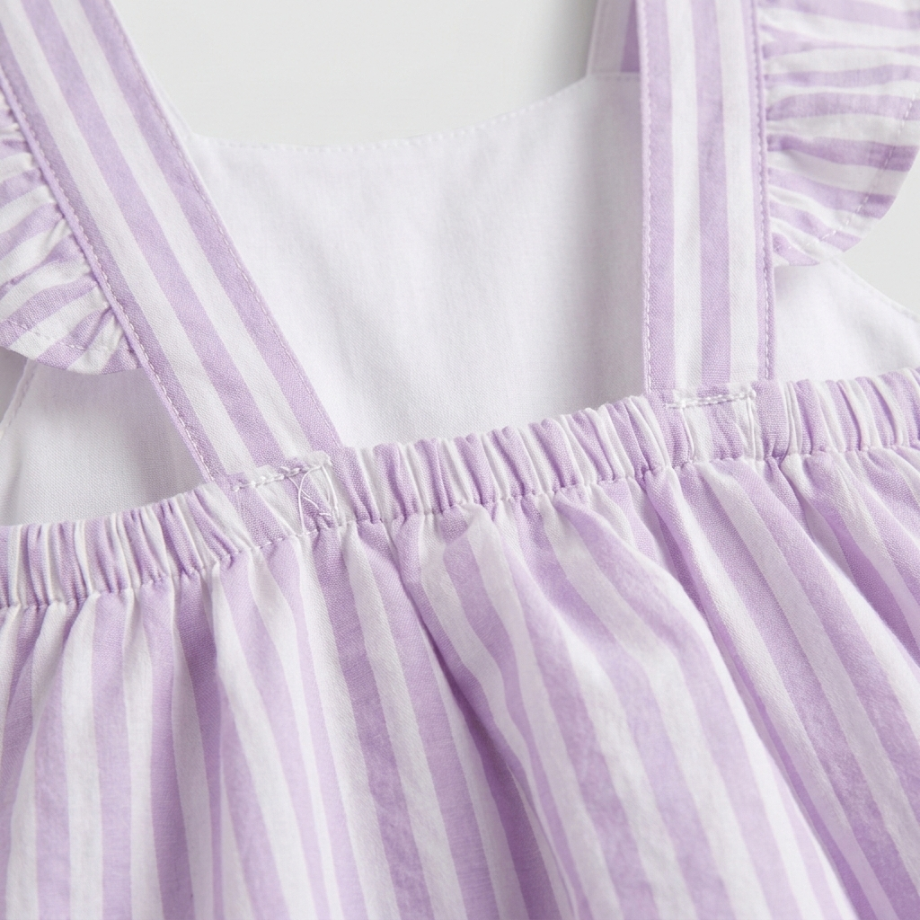 Girls’ Premium Lilac Ticking-Stripe Linen Dress – Ruffled Flutter-Sleeve Sundress in Breathable Cotton Blend - Serromi