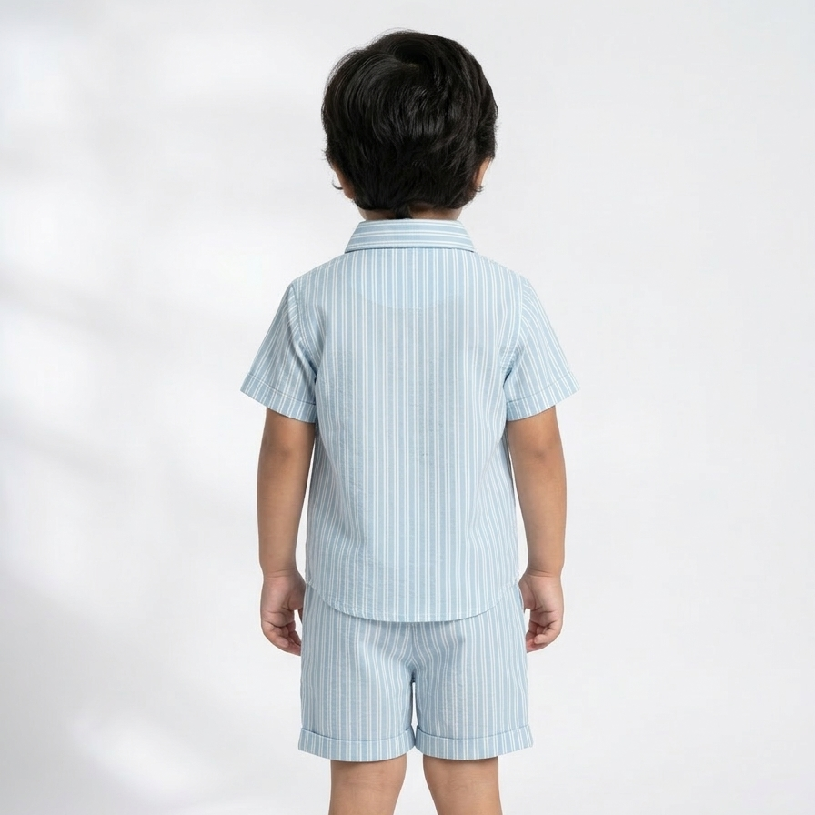 Boys' Coastal Blue Striped Linen-Blend Set – Tailored Short-Sleeve Shirt & Matching Shorts