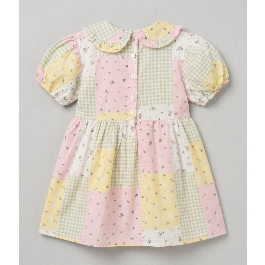 Little Girls' Pastel Patchwork Meadow Dress – Hand-Finished Cotton Tea Dress with Peter Pan Collar