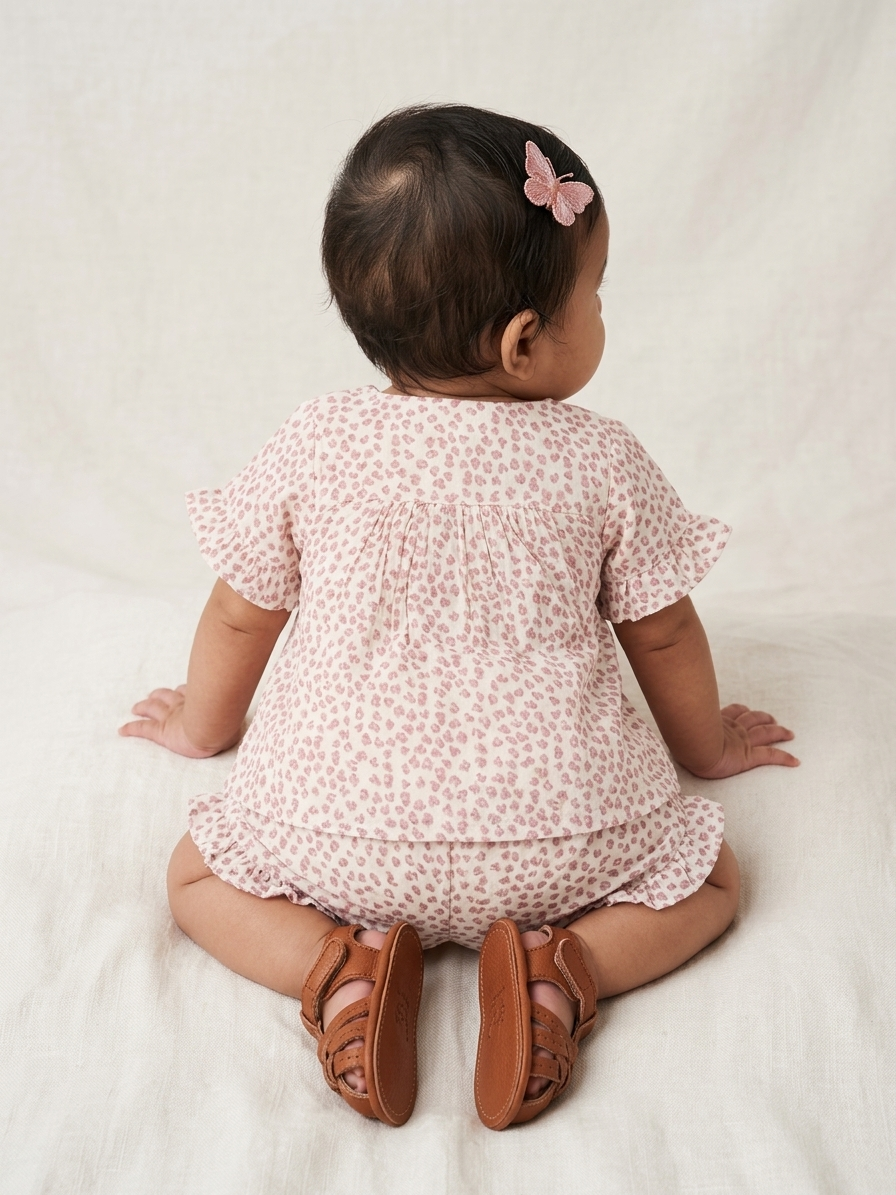 Girls' Dusky Rose Petal Muslin Set – Breezy Two-Piece Flutter Sleeve & Ruffle Shortie - Serromi