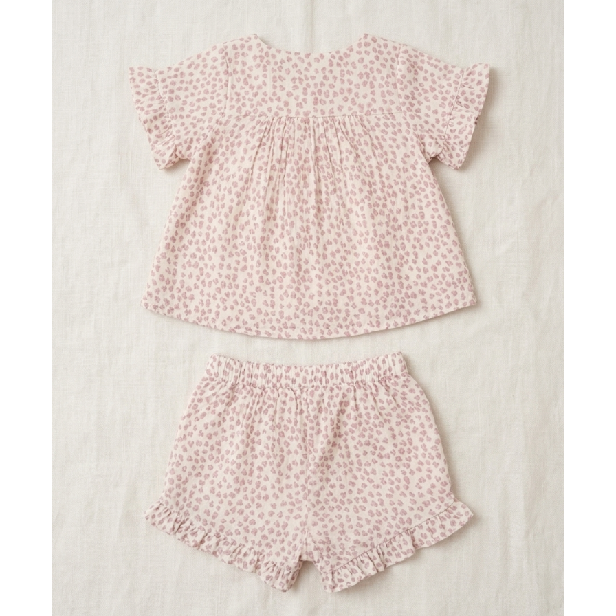 Girls' Dusky Rose Petal Muslin Set – Breezy Two-Piece Flutter Sleeve & Ruffle Shortie