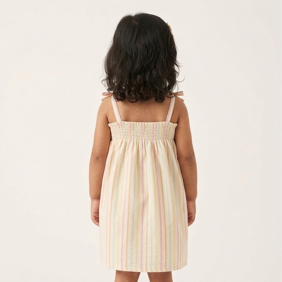 Girls' Pastel Candy-Stripe Smocked Sundress – Fine Cotton A-Line Dress with Ribbon-Tie Shoulders