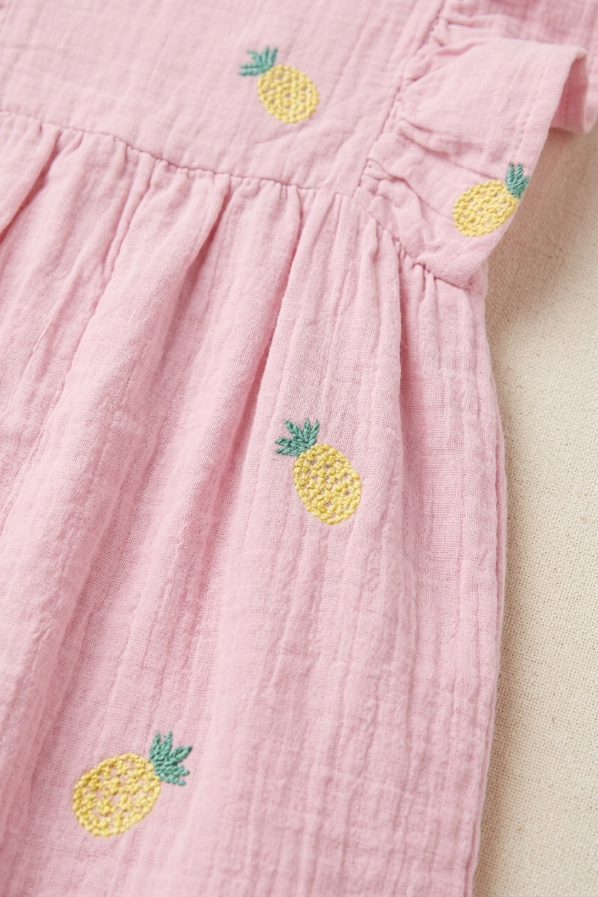 Girls’ Rose-Quartz Muslin Romper – Whimsical Pineapple Embroidery & Ruffle-Sleeve One-Piece - Serromi