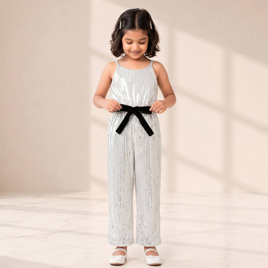 Silver Sequin Gala Jumpsuit – Velvet-Belted Wide Leg