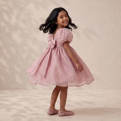 Dusky Rose Organza Puff-Sleeve Dress