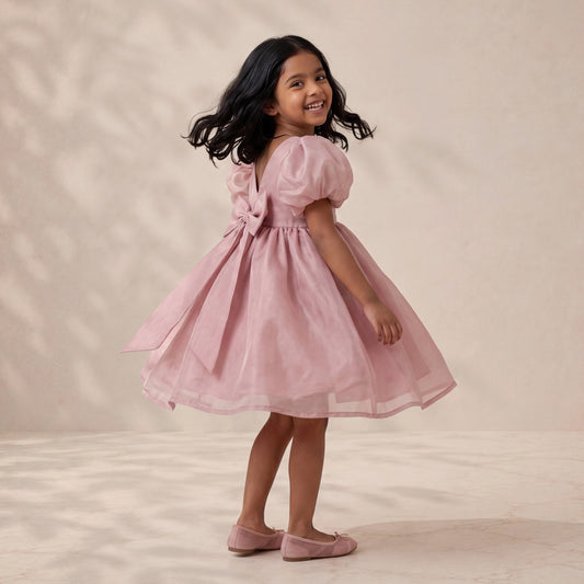 Dusky Rose Organza Puff-Sleeve Dress