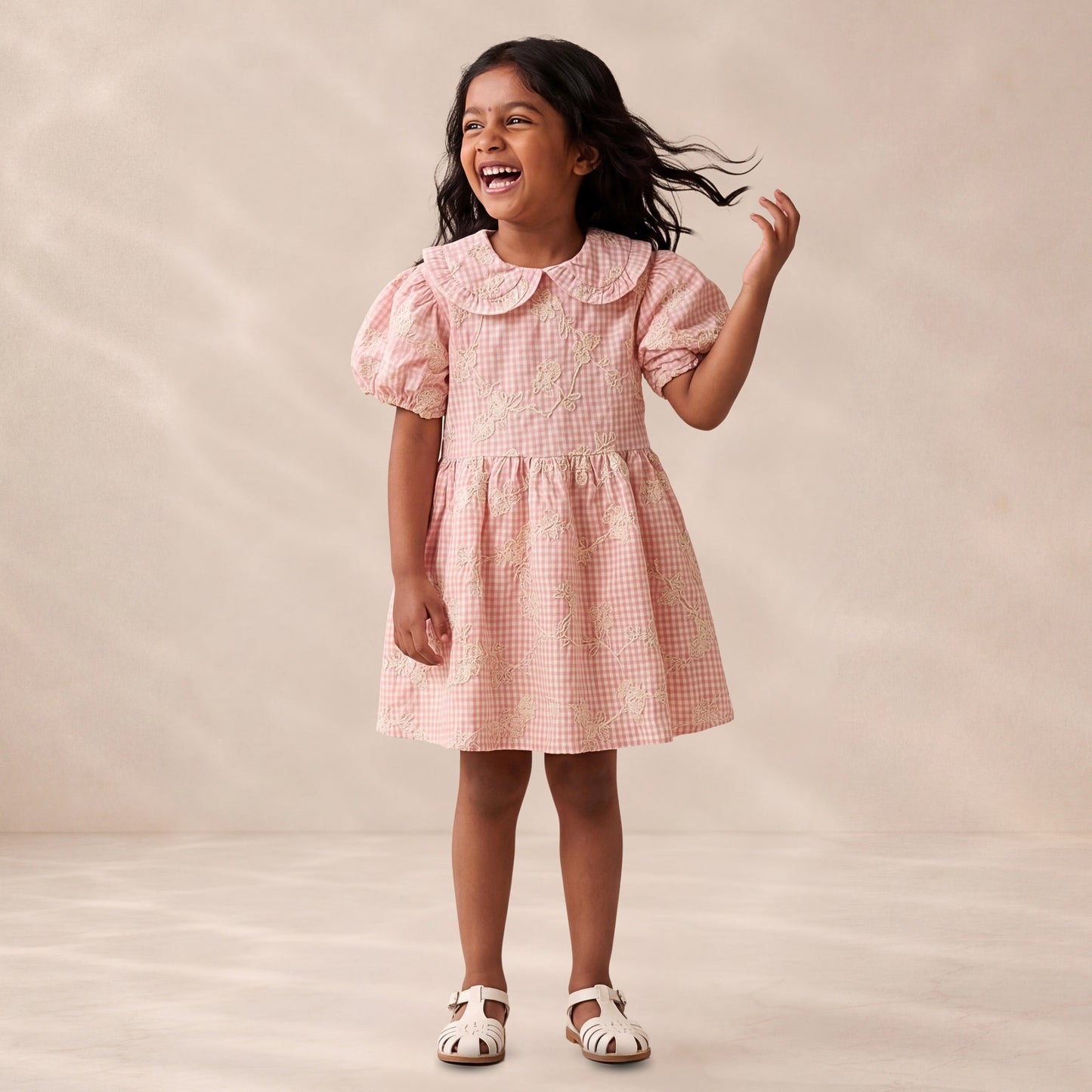 Peony-Blush Gingham Embroidered Dress