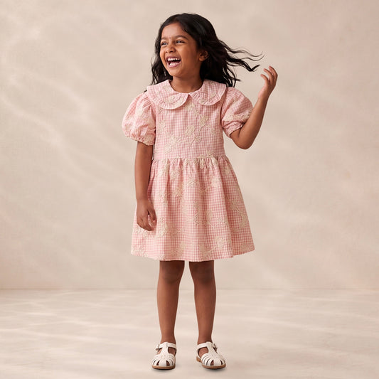 Peony-Blush Gingham Embroidered Dress