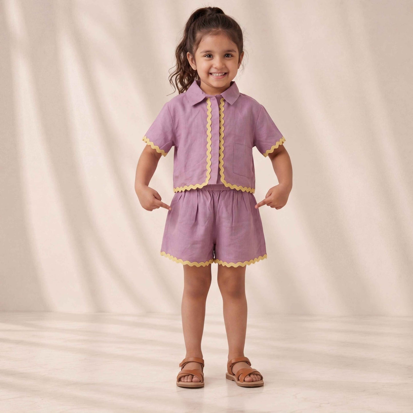 Girls' Premium Dusty Lavender Linen Shorts – Scalloped Ric-Rac Trim High-Waist Cotton-Linen Luxury Summer Shorts for Toddlers and Girls A Curated Classic for Sunny Soirées