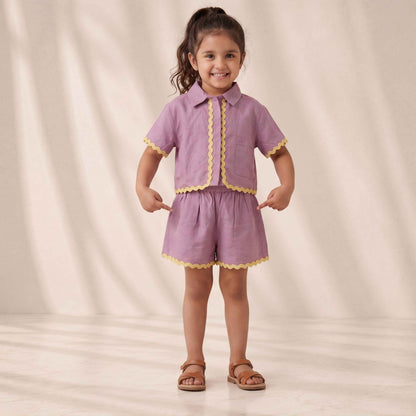 Girls' Premium Dusty Lavender Linen Shorts – Scalloped Ric-Rac Trim High-Waist Cotton-Linen Luxury Summer Shorts for Toddlers and Girls A Curated Classic for Sunny Soirées