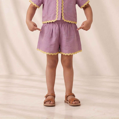 Girls' Premium Dusty Lavender Linen Shorts – Scalloped Ric-Rac Trim High-Waist Cotton-Linen Luxury Summer Shorts for Toddlers and Girls A Curated Classic for Sunny Soirées