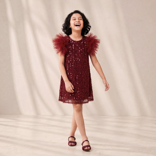 Crimson Sequin Tulle Rosette Sleeve Dress
