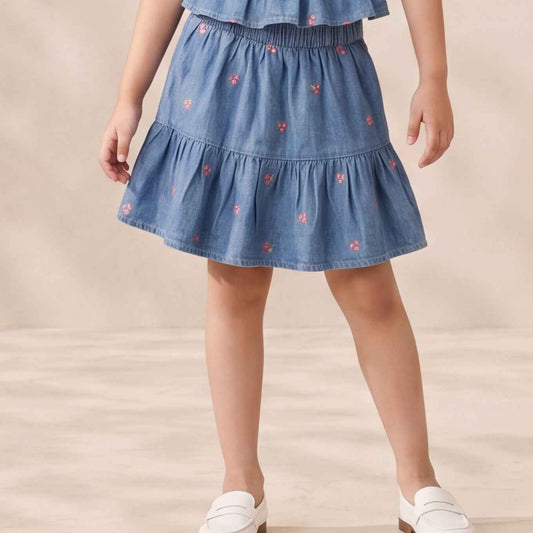 Girls' Premium Embroidered Chambray Skirt – Tiered Denim Ruffle Skirt