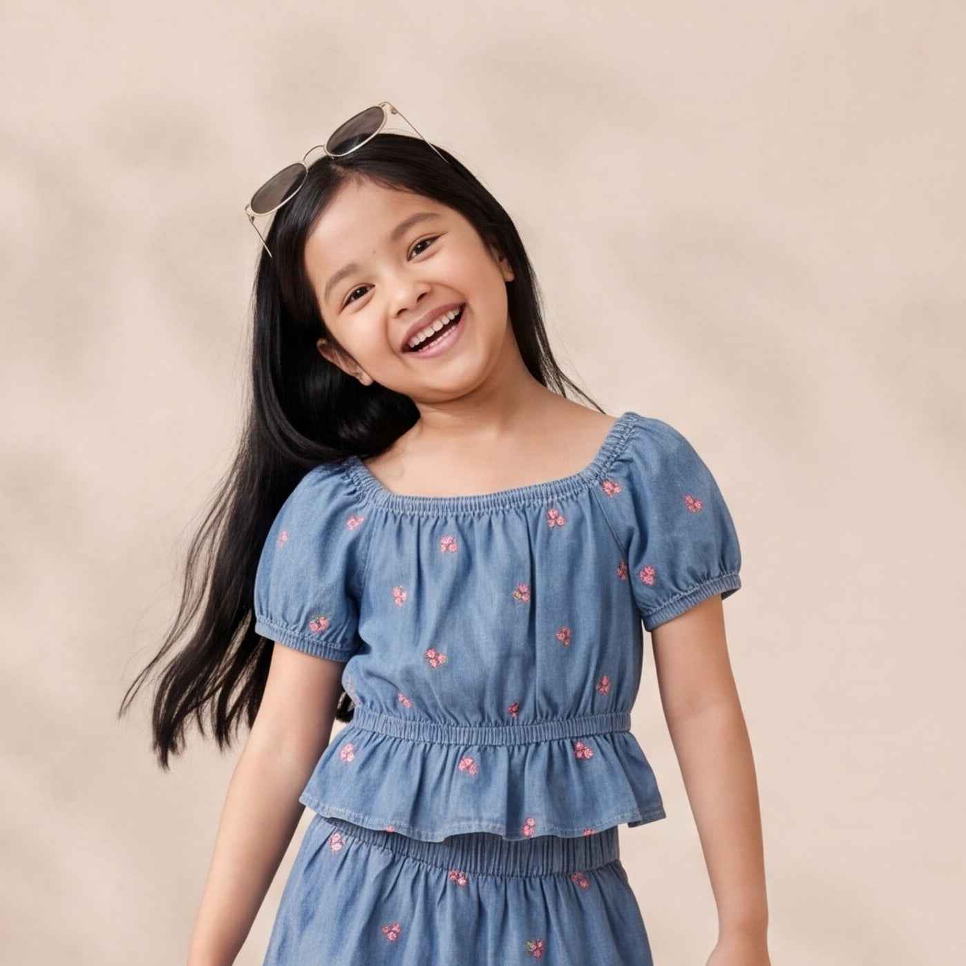 Girls’ Premium Embroidered Denim Peplum Top – Smocked Puff Sleeve
