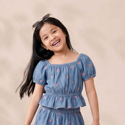 Girls’ Premium Embroidered Denim Peplum Top – Smocked Puff Sleeve