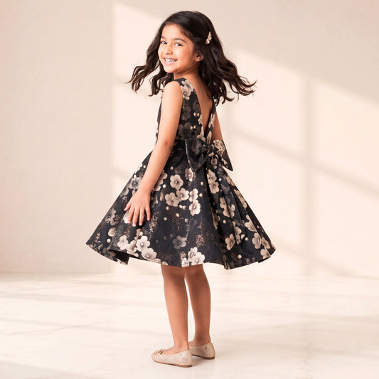 Young girl in a floral dress standing against a plain background