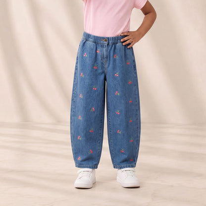 Cherry-Embroidered Pull-On Trousers