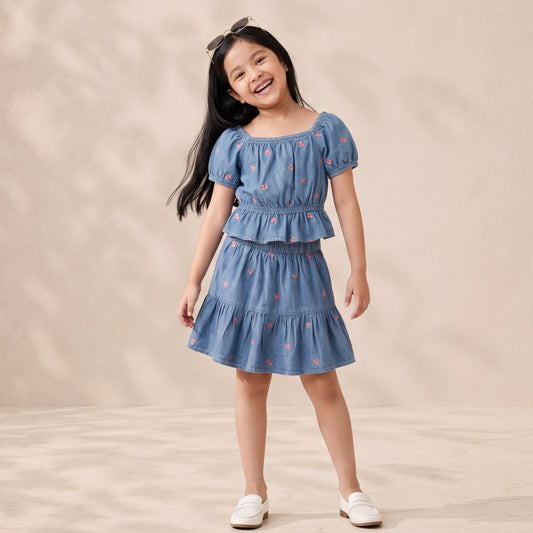 Denim Cherry Embroidered Top & Tiered Skirt Set