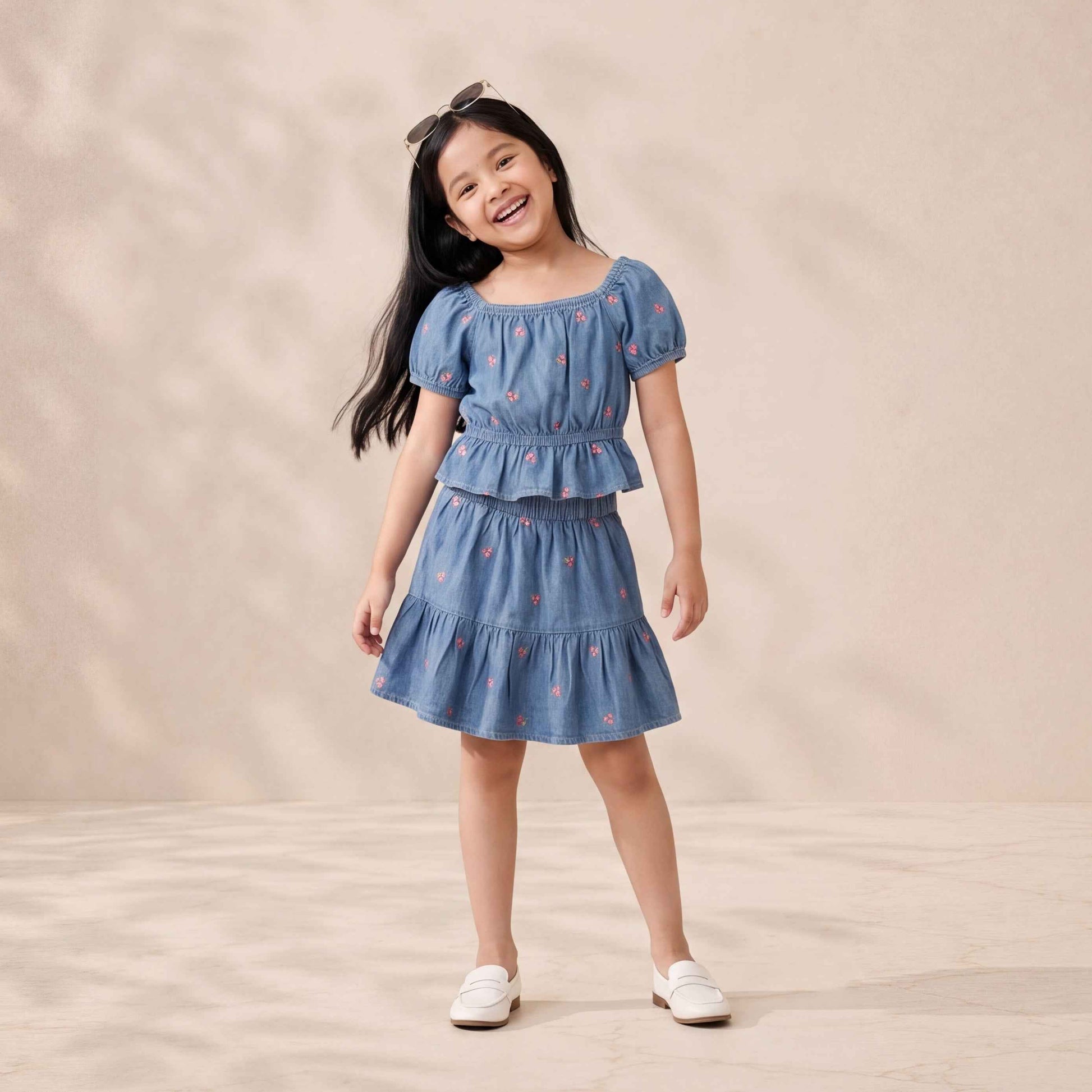 Girls’ Premium Embroidered Denim Peplum Top – Smocked Puff Sleeve