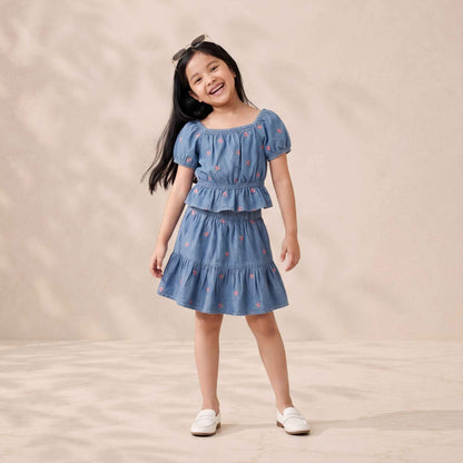 Girls’ Premium Embroidered Denim Peplum Top – Smocked Puff Sleeve