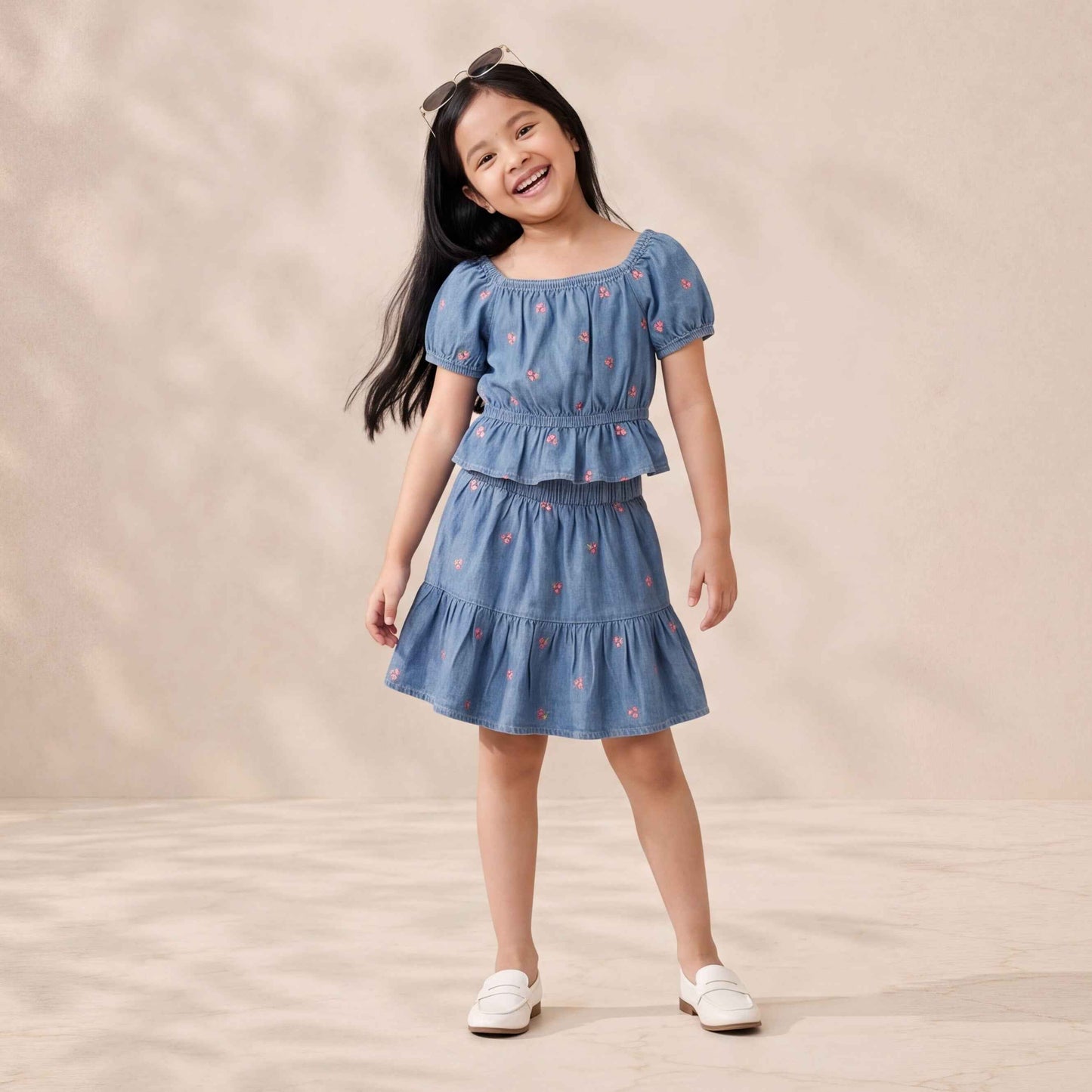 Girls' Premium Embroidered Chambray Skirt – Tiered Denim Ruffle Skirt
