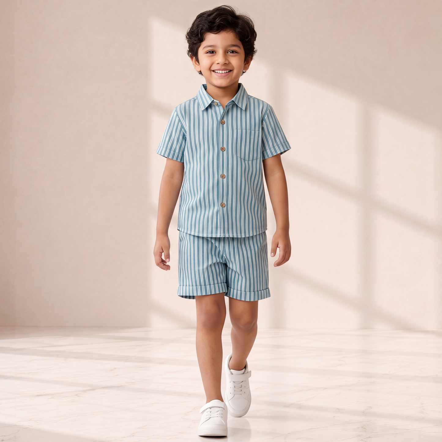Blue Cotton Striped Shirt With Matching Shorts Set