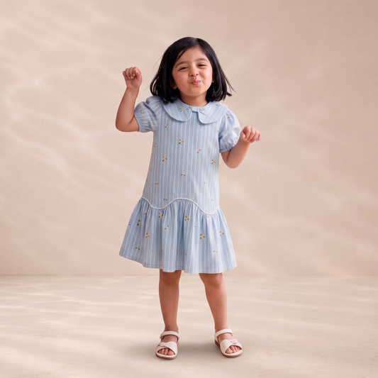 A young girl with short black hair stands in a studio wearing a light blue and white vertically striped short-sleeve dress with small embroidered details and white sandals.