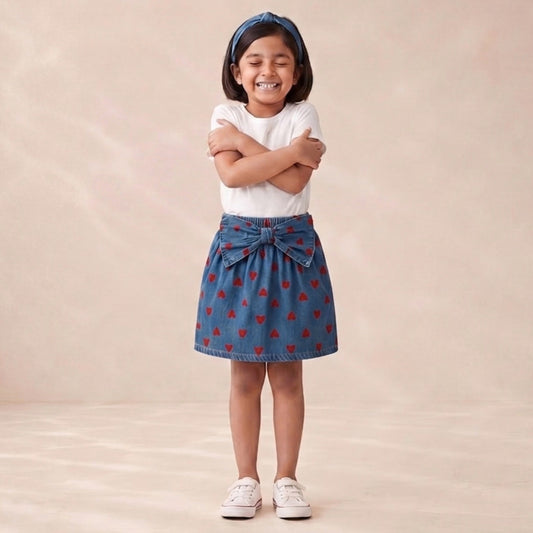 Denim Heart-Print Bow Detail Skirt