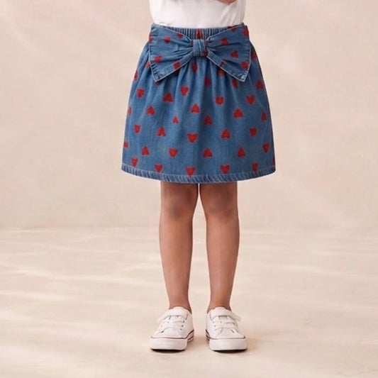Denim Heart-Print Bow Detail Skirt