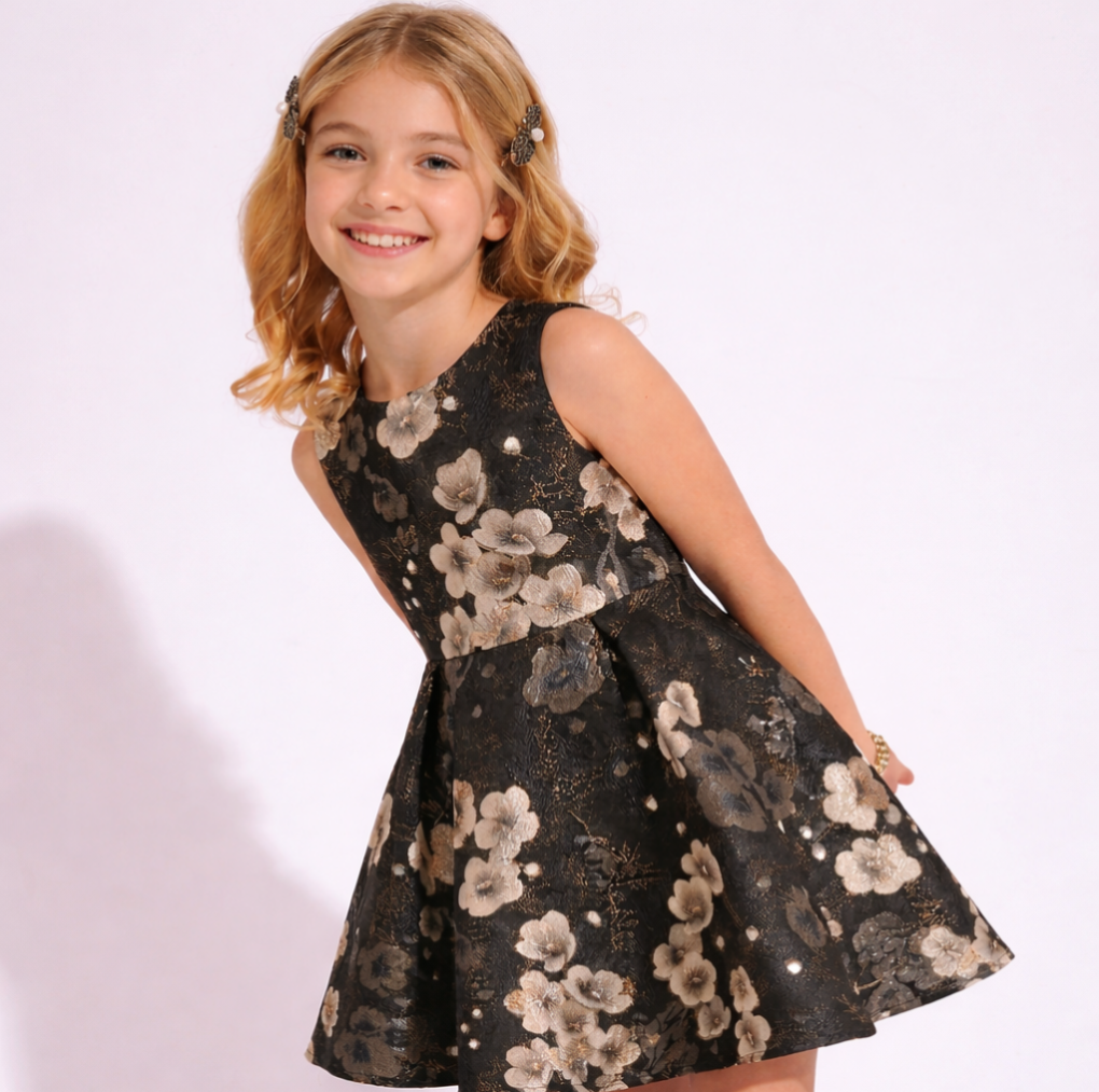 Young girl wearing a black floral dress on a white background