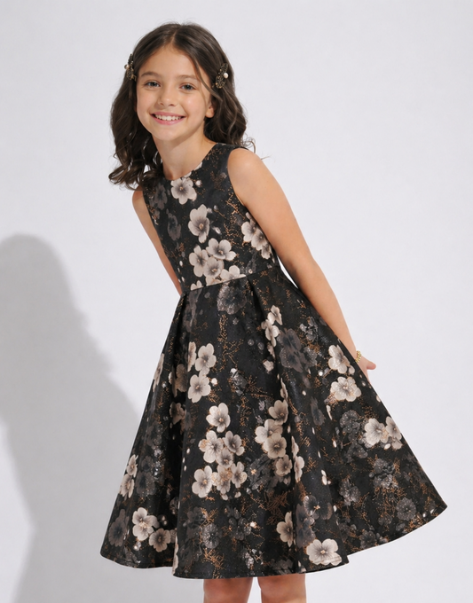 Midnight Black Floral Jacquard Party Dress with Bow