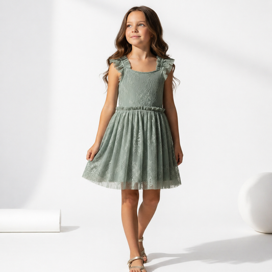 Sage Mist Floral Eyelash Lace Party Dress