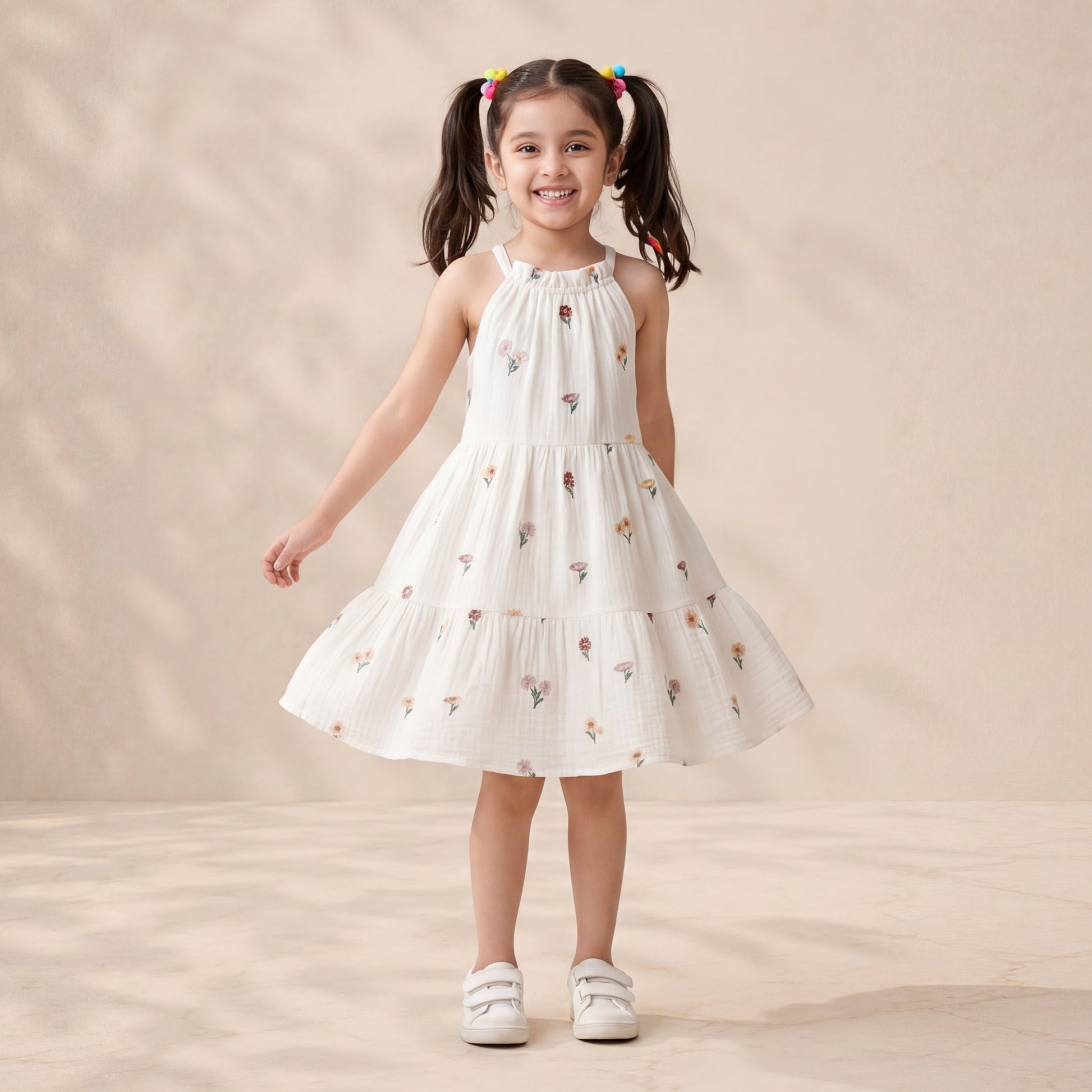 Young girl in a white dress with a floral pattern standing against a beige background