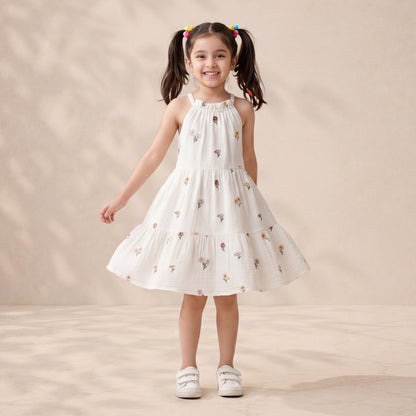 Young girl in a white dress with a floral pattern standing against a beige background