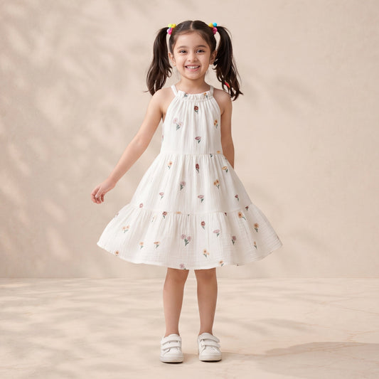 Young girl in a white dress with a floral pattern standing against a beige background