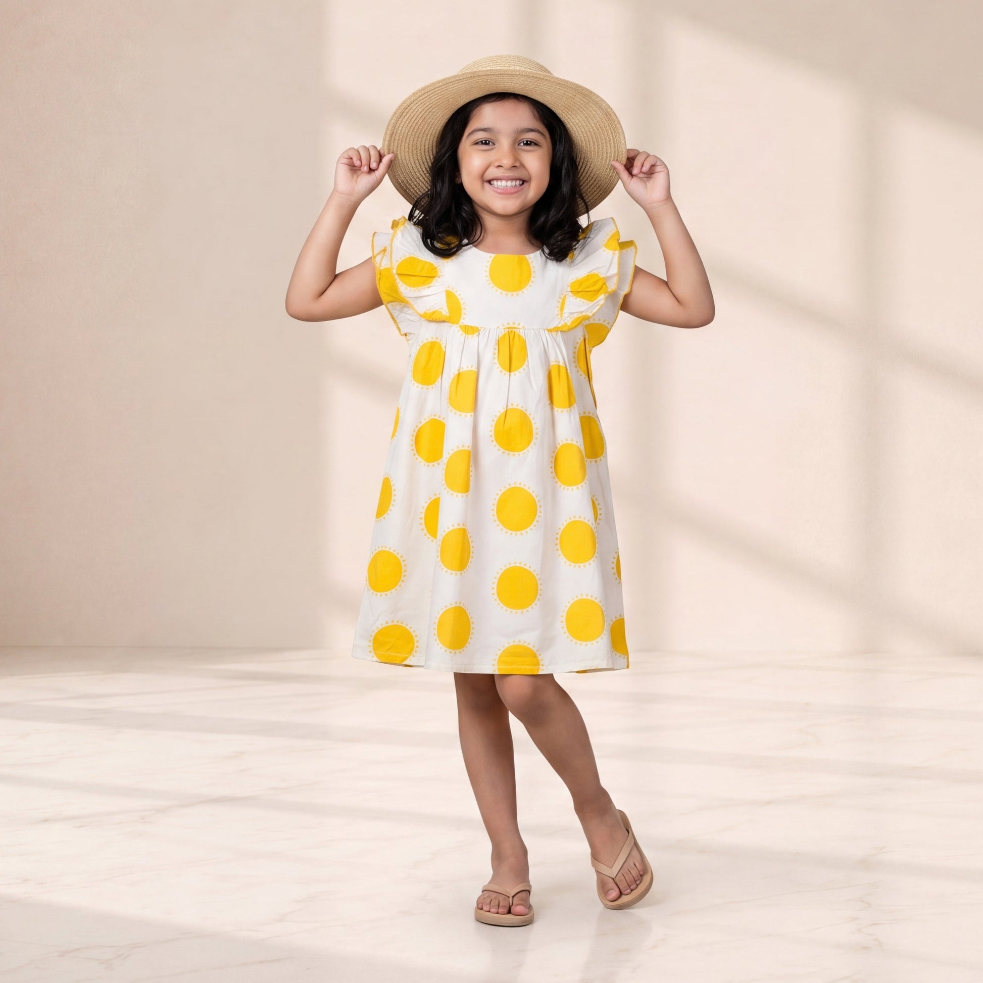 Young girl wearing a yellow polka dot dress and straw hat on a beige background