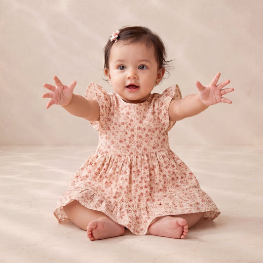 Rose-Dust Floral Flutter Sleeve Tiered Dress