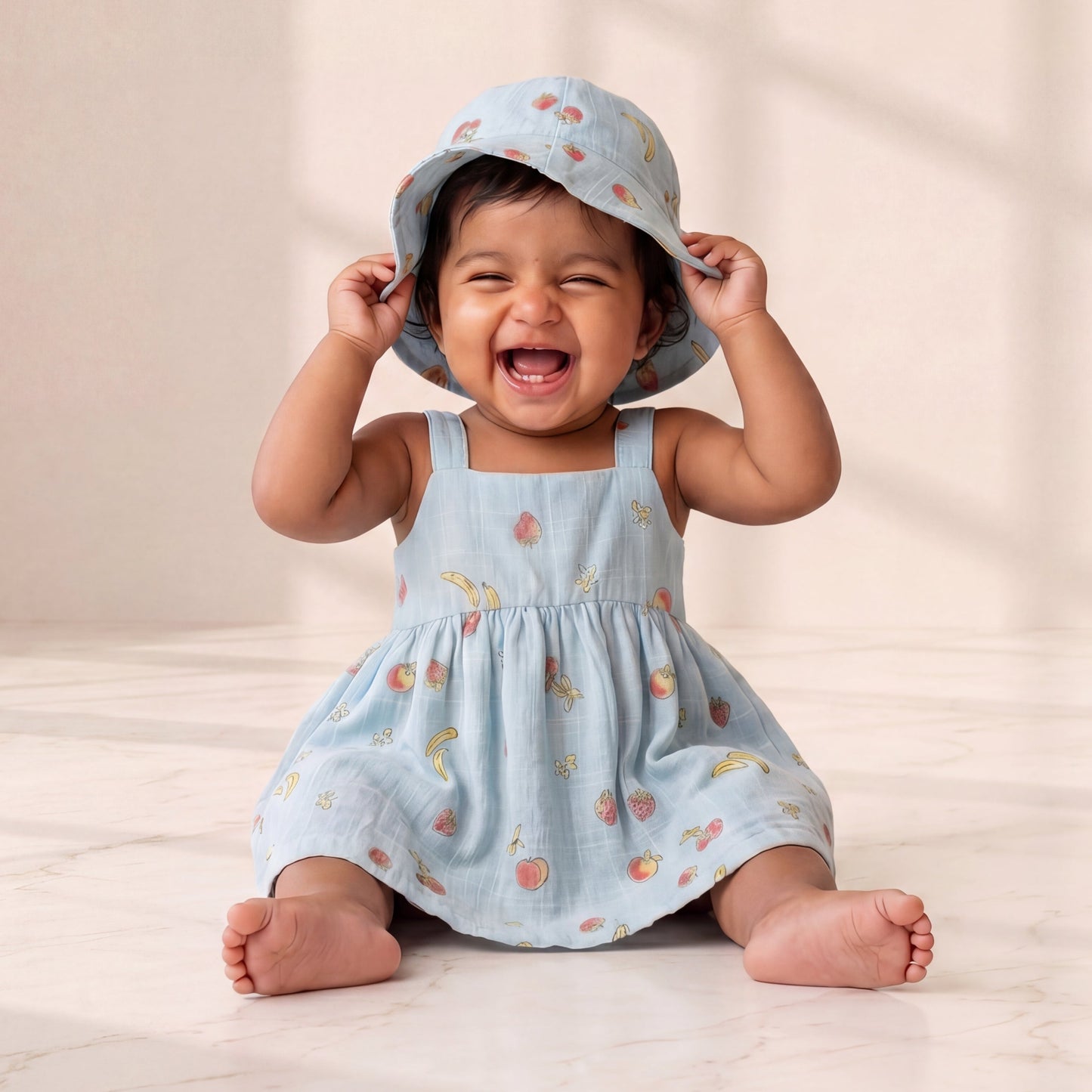 Sky-Blue Cotton Gauze Sun Dress with Bucket Hat