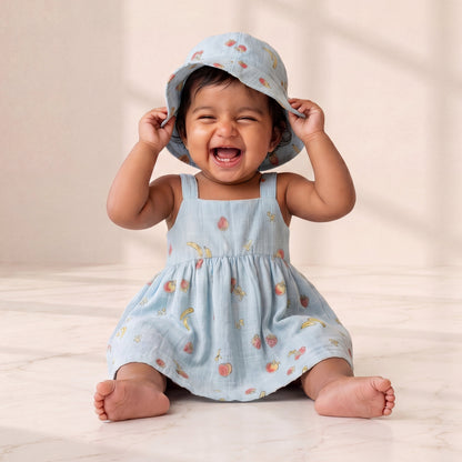 Sky-Blue Cotton Gauze Sun Dress with Bucket Hat