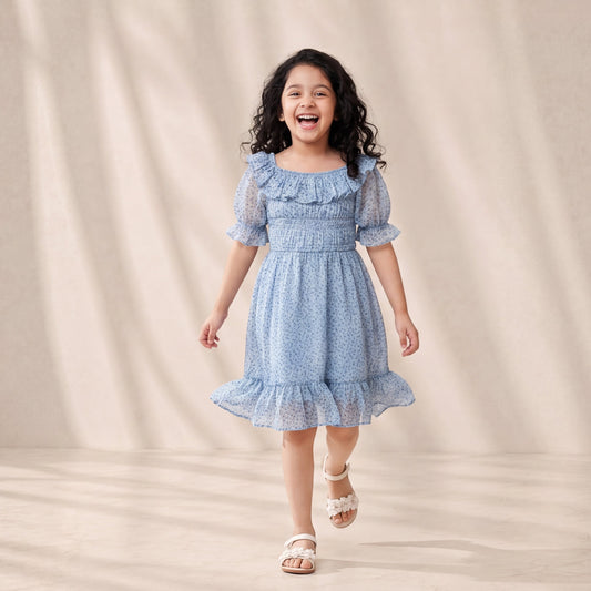 Young girl in a blue dress standing against a beige background